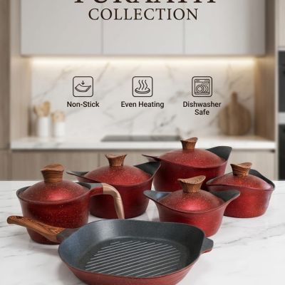Passion for cooking, elevated. ❤️ Discover the perfect balance of durability and style with our Turaath Red Granite series. Featuring an ultra-durable non-stick surface and ergonomic handles, this set is built for every kitchen masterpiece.