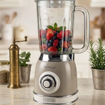 خلاط أريتي فينتج الفاخر (Ariete Vintage Blender): سحر التصميم الكلاسيكي القديم يلتقي مع كفاءة التكنولوجيا الحديثة. يتميز بهيكل أنيق باللون البيج الدافئ (البيج الرمادي) مع تفاصيل من الكروم اللامع، ومزود بدورق زجاجي ثقيل ومقاوم بسعة 1.5 لتر مع شفرات حادة من