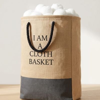 بساطة وعملية، سلة غسيل من قماش الخيش بتصميم مودرن." ​By English: "Simplicity and practicality, modern burlap fabric laundry hamper