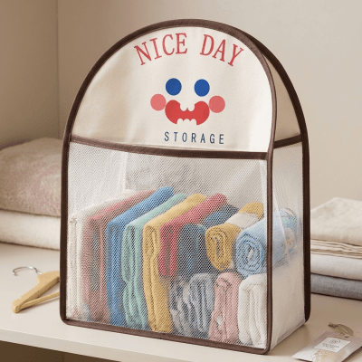 114960_منظم ملابس قماشي بشبكة شفافة وتصميم& NICE DAY" Canvas Clothing Organizer with Transparent Mesh