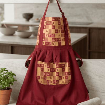 6068_مريلة مطبخ (أبرون) باللون الأحمر العنابي بنقشة مربعات&Maroon Kitchen Apron with Patterned Checkerboard Detail