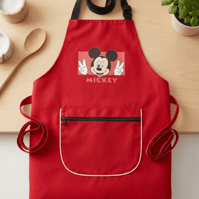 6070_مريلة مطبخ (أبرون) باللون الأحمر الزاهي بتصميم ميكي ماوس&Bright Red Kitchen Apron with Mickey Mouse Design