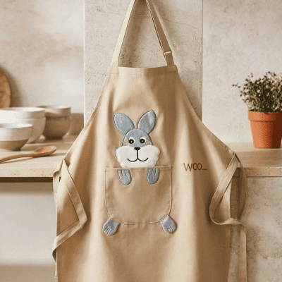 60671_مريلة مطبخ (أبرون) باللون البيج بتصميم الأرنب اللطيف& Beige Kitchen Apron with Cute Bunny Design