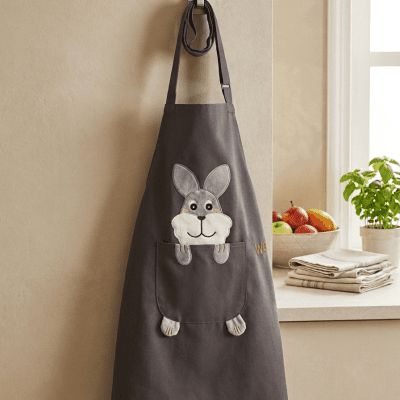 6071_مريلة مطبخ (أبرون) باللون الرمادي بتصميم الأرنب& Grey Kitchen Apron with Bunny Design