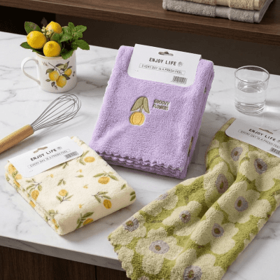 3561_طقم فوط مطبخ قطنية برسومات عصرية (3 قطع - أشكال متنوعه ) عشوائي & Modern Floral Kitchen Towel Set (3 Pieces - Assorted Designs)