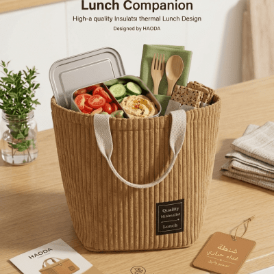 3394_: حقيبة غداء حرارية أنيقة وعملية من الكتان المضلع& Elegant and Functional Ribbed Thermal Lunch Bag
