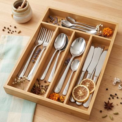 لمسة دافئة وعملية لمطبخك! 🪵 منظم أدوات المائدة من الخشب الطبيعي، الحل الأمثل لترتيب مثالي وسهل.  ​English: Add a warm, practical touch to your kitchen! 🪵 A natural wood cutlery organizer, the perfect solution for effortless, stylish storage