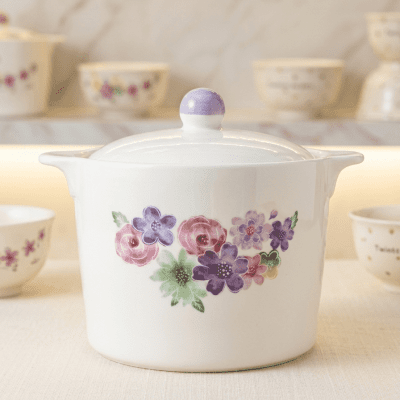 وعاء تقديم خزفي (شوربة) بغطاء ومزين بنقوش زهور ملونة& Floral Ceramic Serving Bowl with Lid.
