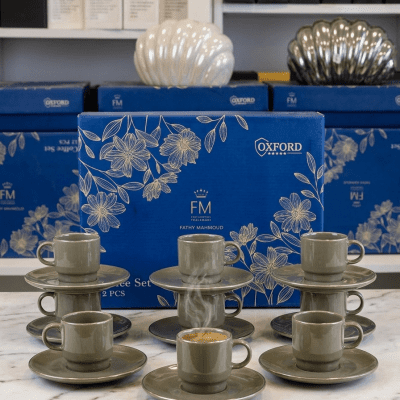 طقم فناجين قهوة بورسلين من فتحي محمود - موديل أكسفورد (Fathy Mahmoud) - 12 قطعة  &  Fathy Mahmoud FM Fine Egyptian Tableware Coffee Set - Oxford Model - 12 PCS