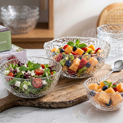 طقم أطباق تقديم زجاجية بتصميم مطرق  3 اطباق  احجام ضغيره : Hammered Glass Serving Bowl Set 
